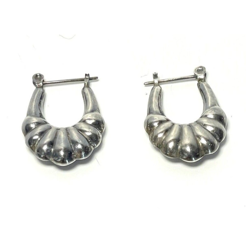 Vintage 925 Sterling Silver Puffy Ribbed Hoop Earrings Scalloped Boho Statement - Picture 2 of 4